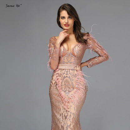 On Sale No Return No Refund Sale Dubai Rose Gold Mermaid Sexy Evening Dresses 2025 Luxury Feathers Beading Sparkle Formal Dress Serene Hill LA60902 - SERENE HILL