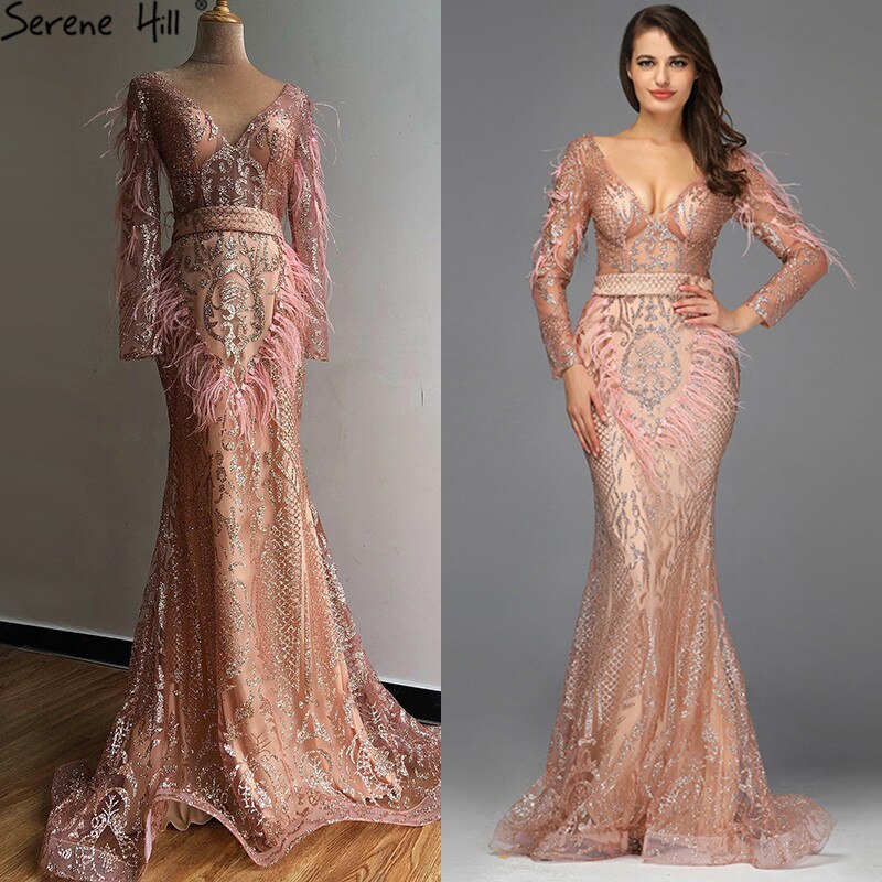 On Sale No Return No Refund Sale Dubai Rose Gold Mermaid Sexy Evening Dresses 2025 Luxury Feathers Beading Sparkle Formal Dress Serene Hill LA60902 - SERENE HILL