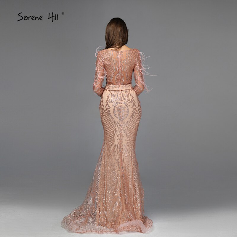 On Sale No Return No Refund Sale Dubai Rose Gold Mermaid Sexy Evening Dresses 2025 Luxury Feathers Beading Sparkle Formal Dress Serene Hill LA60902 - SERENE HILL