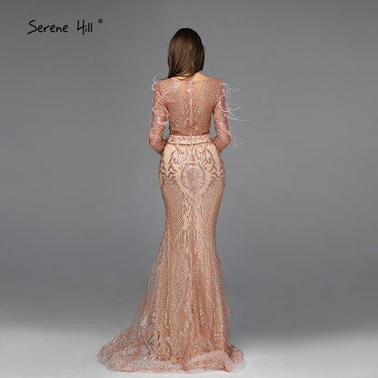 On Sale No Return No Refund Sale Dubai Rose Gold Mermaid Sexy Evening Dresses 2025 Luxury Feathers Beading Sparkle Formal Dress Serene Hill LA60902 - SERENE HILL