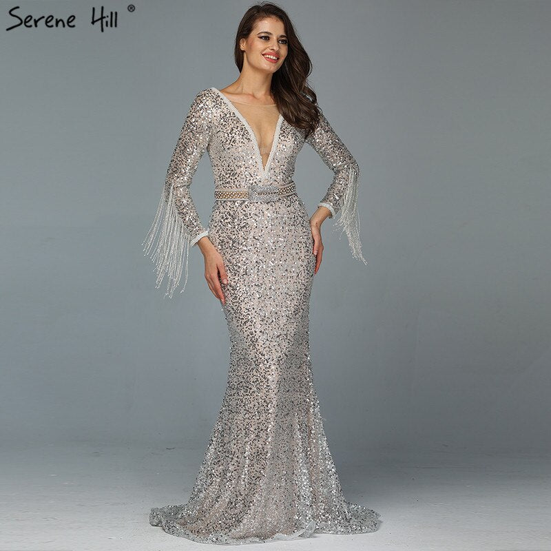 On Sale no return no refundSale Dubai Silver V-Neck Tassel Beading Mermaid Evening Dresses 2025 Long Sleeve Luxury Sexy Evening Gowns Serene Hill LA60770 - SERENE HILL