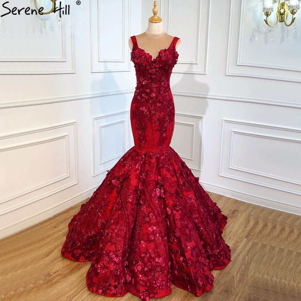 Dubai Wein Rot Sexy Ärmellose Brautkleider 2025 Meerjungfrau Handgemachte Blumen Perlen Braut Kleider HM67110 Nach Maß - SERENE HILL