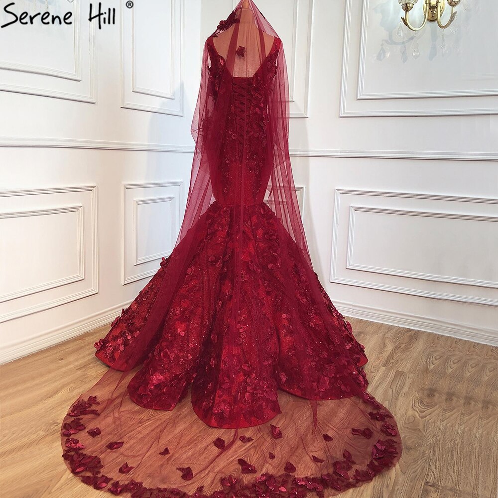 Dubai Wein Rot Sexy Ärmellose Brautkleider 2025 Meerjungfrau Handgemachte Blumen Perlen Braut Kleider HM67110 Nach Maß - SERENE HILL