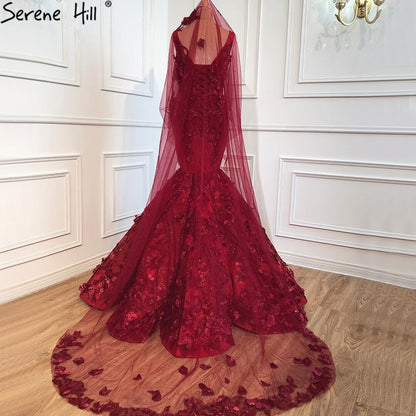 Dubai Wein Rot Sexy Ärmellose Brautkleider 2025 Meerjungfrau Handgemachte Blumen Perlen Braut Kleider HM67110 Nach Maß - SERENE HILL