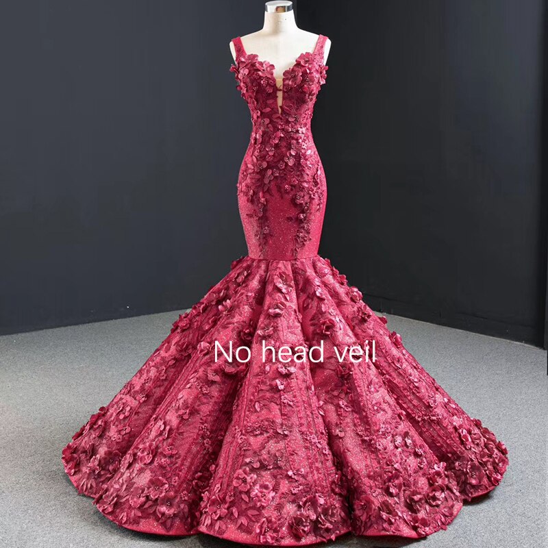 Dubai Wein Rot Sexy Ärmellose Brautkleider 2025 Meerjungfrau Handgemachte Blumen Perlen Braut Kleider HM67110 Nach Maß - SERENE HILL