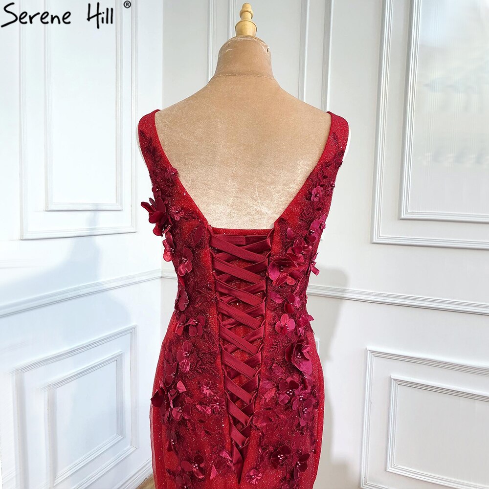 Dubai Wein Rot Sexy Ärmellose Brautkleider 2025 Meerjungfrau Handgemachte Blumen Perlen Braut Kleider HM67110 Nach Maß - SERENE HILL