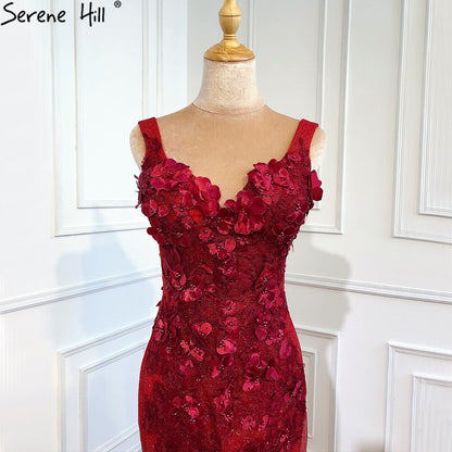 Dubai Wein Rot Sexy Ärmellose Brautkleider 2025 Meerjungfrau Handgemachte Blumen Perlen Braut Kleider HM67110 Nach Maß - SERENE HILL