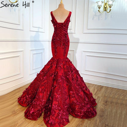 Dubai Wein Rot Sexy Ärmellose Brautkleider 2025 Meerjungfrau Handgemachte Blumen Perlen Braut Kleider HM67110 Nach Maß - SERENE HILL