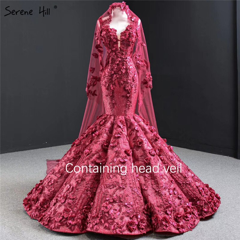 Dubai Wein Rot Sexy Ärmellose Brautkleider 2025 Meerjungfrau Handgemachte Blumen Perlen Braut Kleider HM67110 Nach Maß - SERENE HILL