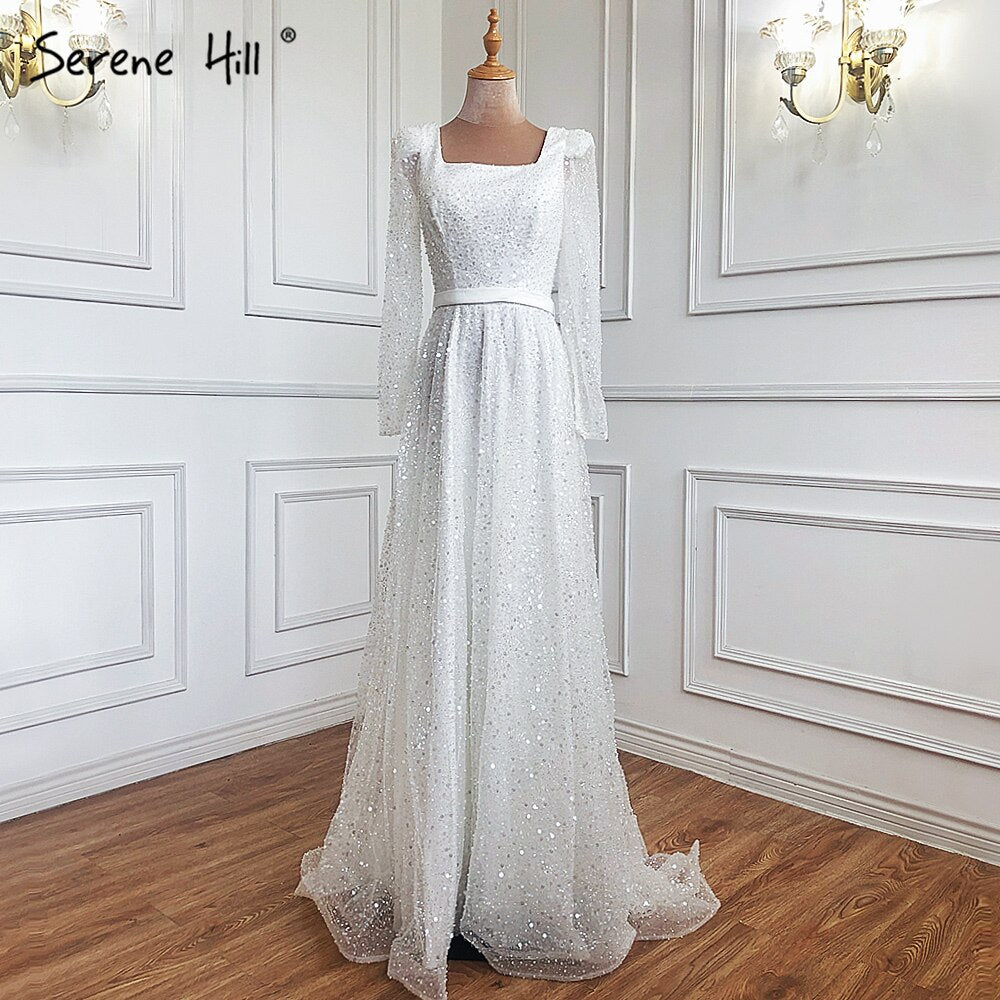 Dubai White A-Line Sexy Luxury Evening Dresses 2025 Beading Long Sleeve Sexy Formal Dress Serene Hill LA70271 - SERENE HILL