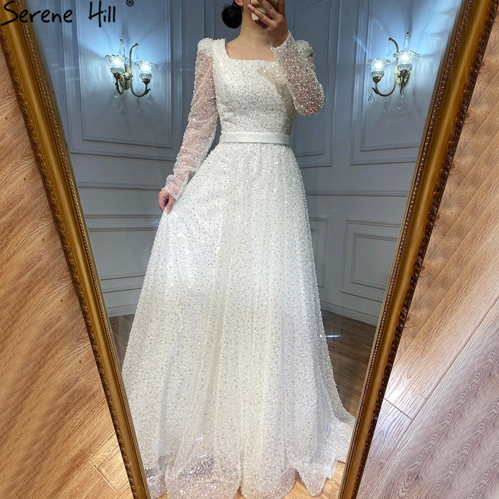 Dubai White A-Line Sexy Luxury Evening Dresses 2025 Beading Long Sleeve Sexy Formal Dress Serene Hill LA70271 - SERENE HILL