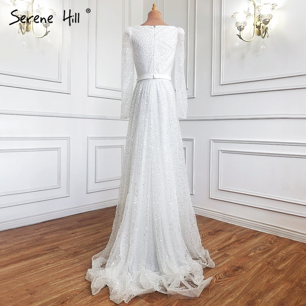 Dubai White A-Line Sexy Luxury Evening Dresses 2025 Beading Long Sleeve Sexy Formal Dress Serene Hill LA70271 - SERENE HILL