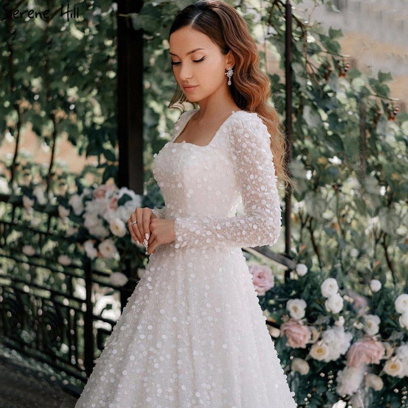 Dubai White A-Line Sexy Luxury Evening Dresses 2025 Beading Long Sleeve Sexy Formal Dress Serene Hill LA70271 - SERENE HILL