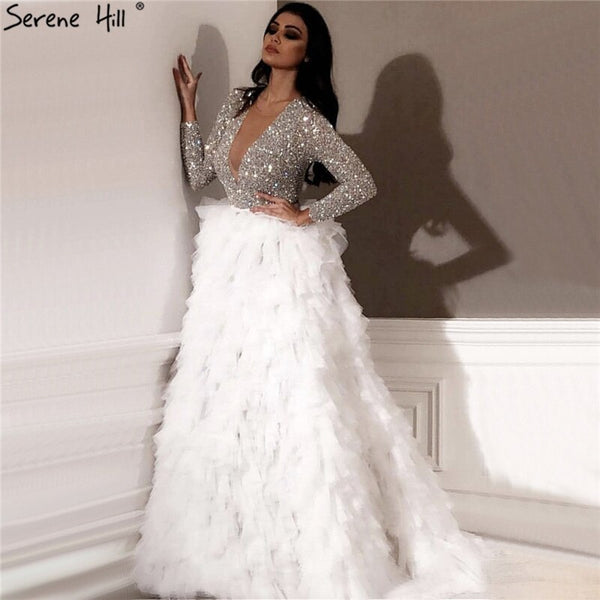 Dubai White Long Sleeves Luxury Evening Dresses 2025 V-Neck Sexy Sequined Tiered Evening Gowns Serene Hill LA6574