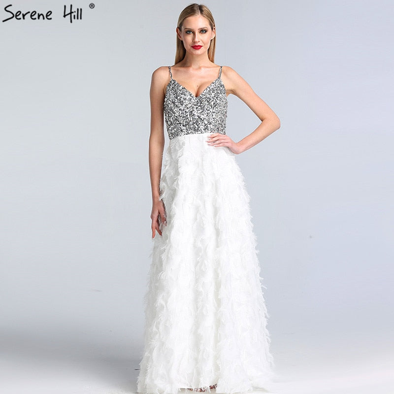 On Sale No Return No Refund Sale Dubai White V-Neck Backless Luxury Evening Dresses 2025 Sleevleess Sequined Tiered Formal Dress Serene Hill LA60955 - SERENE HILL