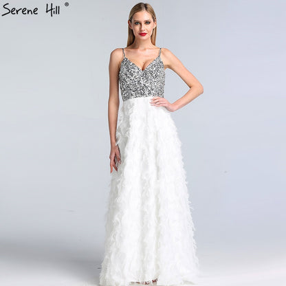 On Sale No Return No Refund Sale Dubai White V-Neck Backless Luxury Evening Dresses 2025 Sleevleess Sequined Tiered Formal Dress Serene Hill LA60955 - SERENE HILL