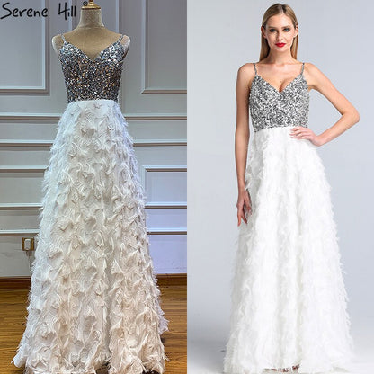 On Sale No Return No Refund Sale Dubai White V-Neck Backless Luxury Evening Dresses 2025 Sleevleess Sequined Tiered Formal Dress Serene Hill LA60955 - SERENE HILL