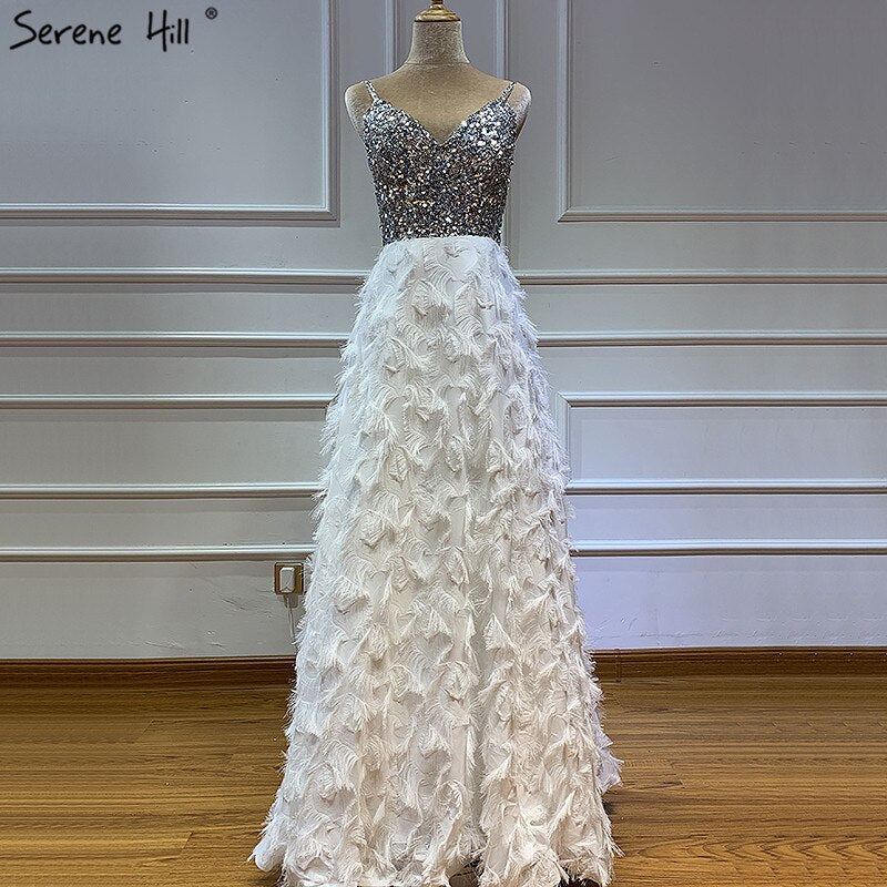 On Sale No Return No Refund Sale Dubai White V-Neck Backless Luxury Evening Dresses 2025 Sleevleess Sequined Tiered Formal Dress Serene Hill LA60955 - SERENE HILL