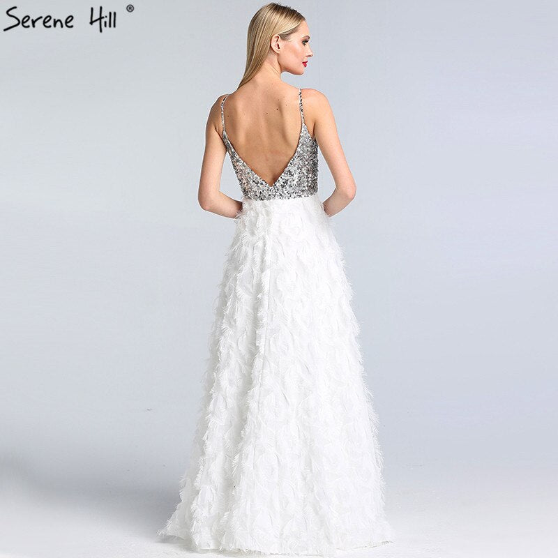 On Sale No Return No Refund Sale Dubai White V-Neck Backless Luxury Evening Dresses 2025 Sleevleess Sequined Tiered Formal Dress Serene Hill LA60955 - SERENE HILL