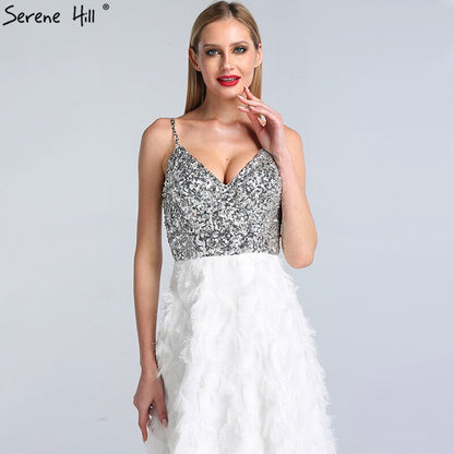 On Sale No Return No Refund Sale Dubai White V-Neck Backless Luxury Evening Dresses 2025 Sleevleess Sequined Tiered Formal Dress Serene Hill LA60955 - SERENE HILL
