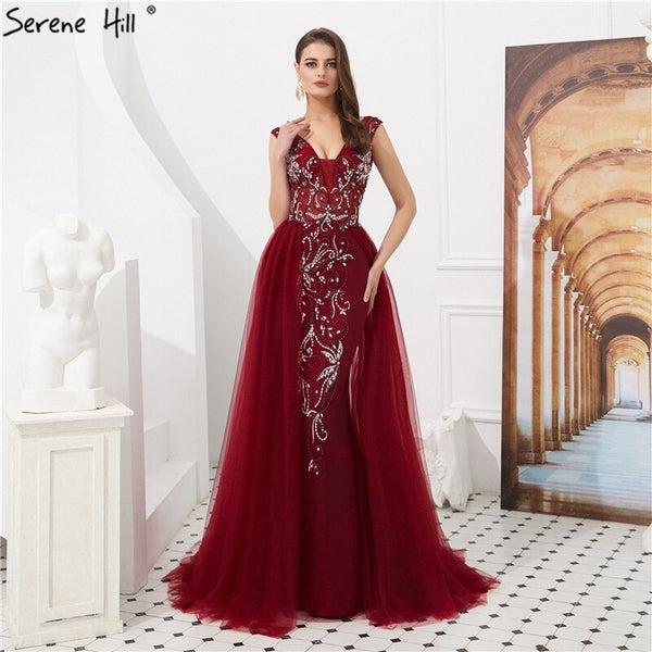 Sale Dubai Wine Red Crystal Beading Evening Dresses 2025 Backless Sexy Mermaid Fromal Evening Gowns Serene Hill LA60805