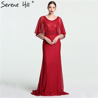 On Sale no return no refundSale Dubai Wine Red Evening Gowns with Shawl Beading Lace Mermaid Evening Dress Long High-end Luxury 2025 Serene Hill LA6137 - SERENE HILL