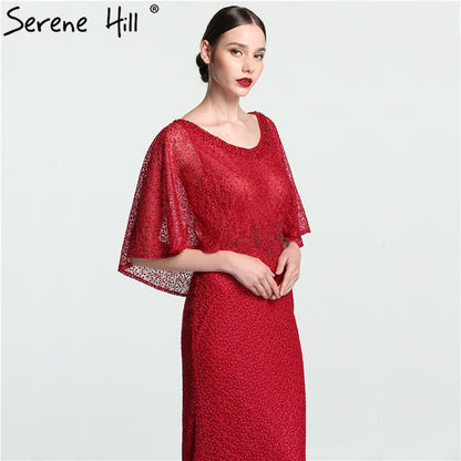 On Sale no return no refundSale Dubai Wine Red Evening Gowns with Shawl Beading Lace Mermaid Evening Dress Long High-end Luxury 2025 Serene Hill LA6137 - SERENE HILL