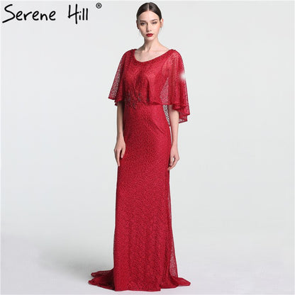On Sale no return no refundSale Dubai Wine Red Evening Gowns with Shawl Beading Lace Mermaid Evening Dress Long High-end Luxury 2025 Serene Hill LA6137 - SERENE HILL