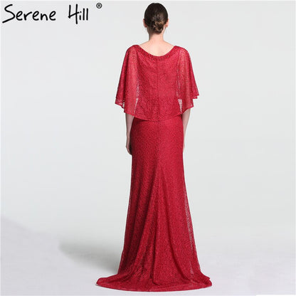 On Sale no return no refundSale Dubai Wine Red Evening Gowns with Shawl Beading Lace Mermaid Evening Dress Long High-end Luxury 2025 Serene Hill LA6137 - SERENE HILL