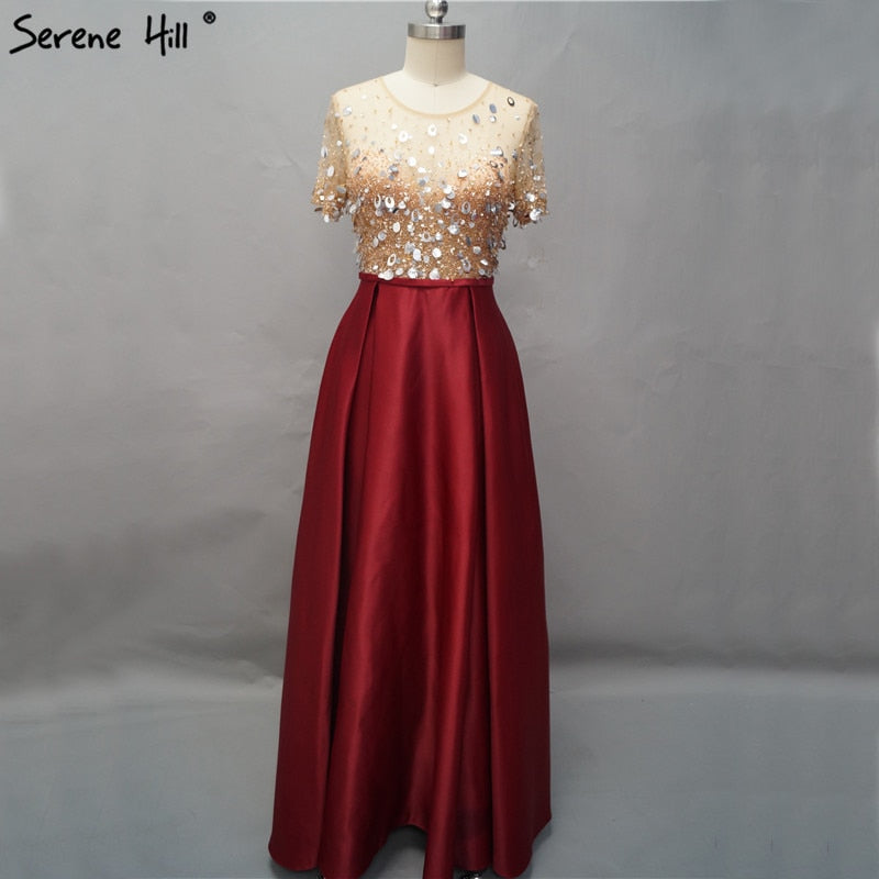 On Sale No Return No Refund Dubai Wine Red Short Sleeves Evening Dresses Design 2025 Satin Sequined Beading Beach Evening Gowns Serene Hill LA60740 - SERENE HILL