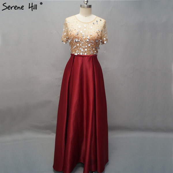 On Sale No Return No Refund Dubai Wine Red Short Sleeves Evening Dresses Design 2025 Satin Sequined Beading Beach Evening Gowns Serene Hill LA60740