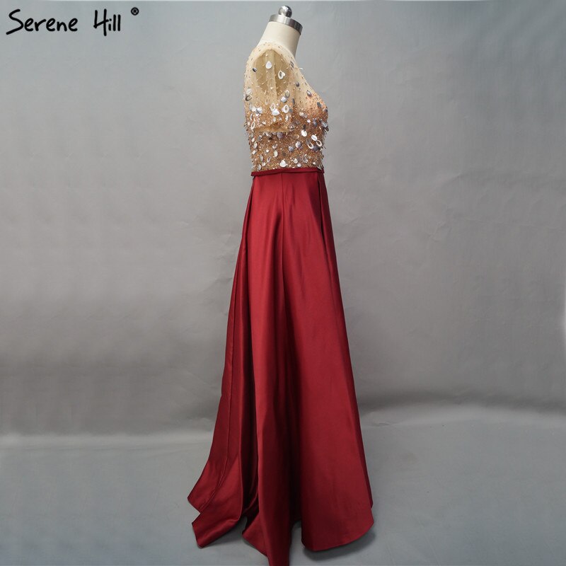 On Sale No Return No Refund Dubai Wine Red Short Sleeves Evening Dresses Design 2025 Satin Sequined Beading Beach Evening Gowns Serene Hill LA60740 - SERENE HILL