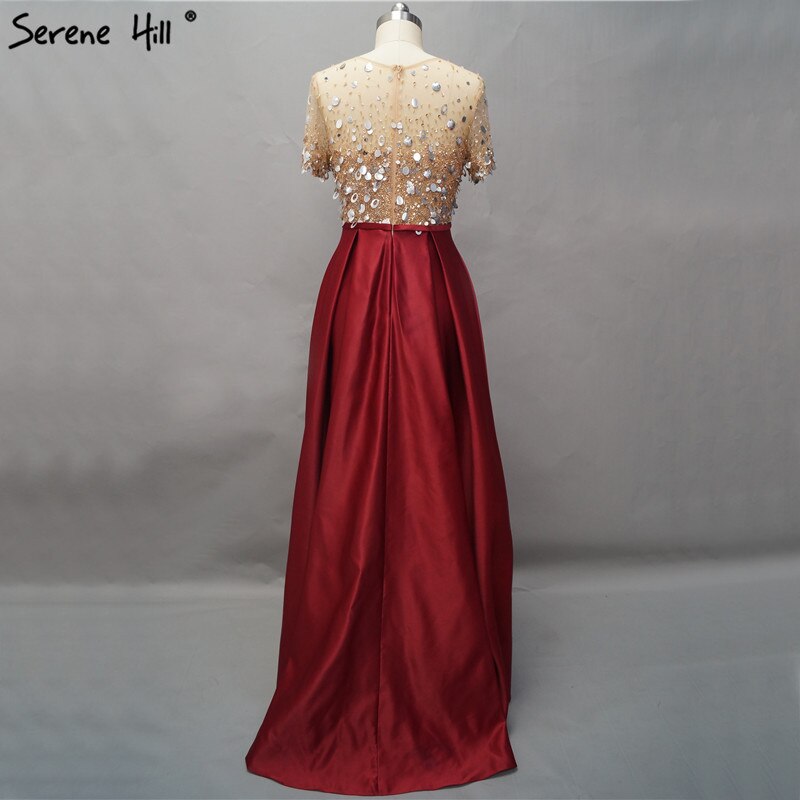 On Sale No Return No Refund Dubai Wine Red Short Sleeves Evening Dresses Design 2025 Satin Sequined Beading Beach Evening Gowns Serene Hill LA60740 - SERENE HILL