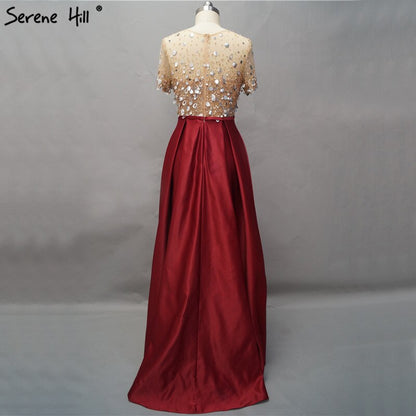 On Sale No Return No Refund Dubai Wine Red Short Sleeves Evening Dresses Design 2025 Satin Sequined Beading Beach Evening Gowns Serene Hill LA60740 - SERENE HILL