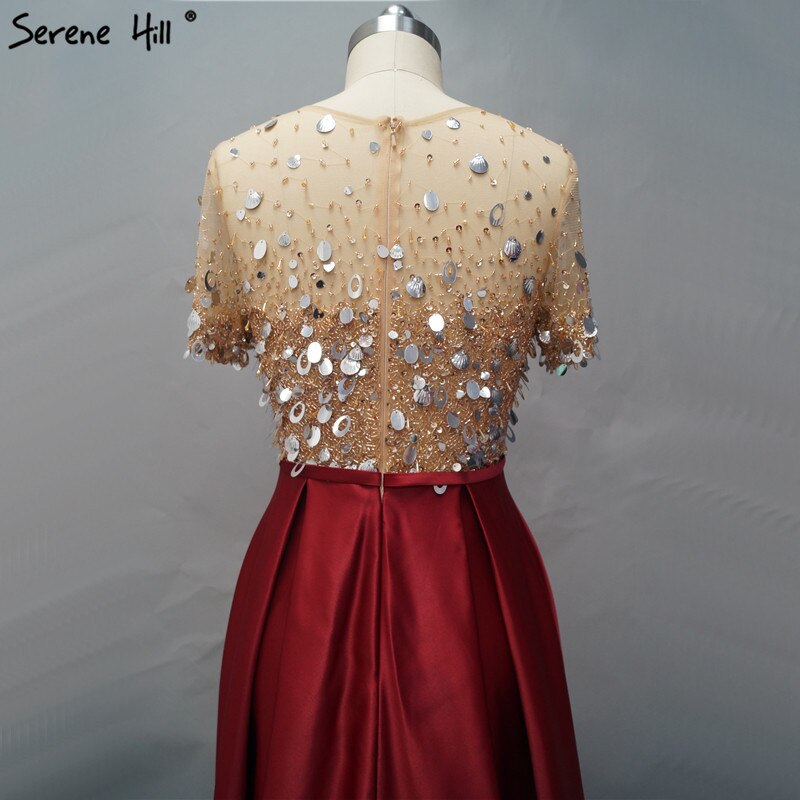 On Sale No Return No Refund Dubai Wine Red Short Sleeves Evening Dresses Design 2025 Satin Sequined Beading Beach Evening Gowns Serene Hill LA60740 - SERENE HILL