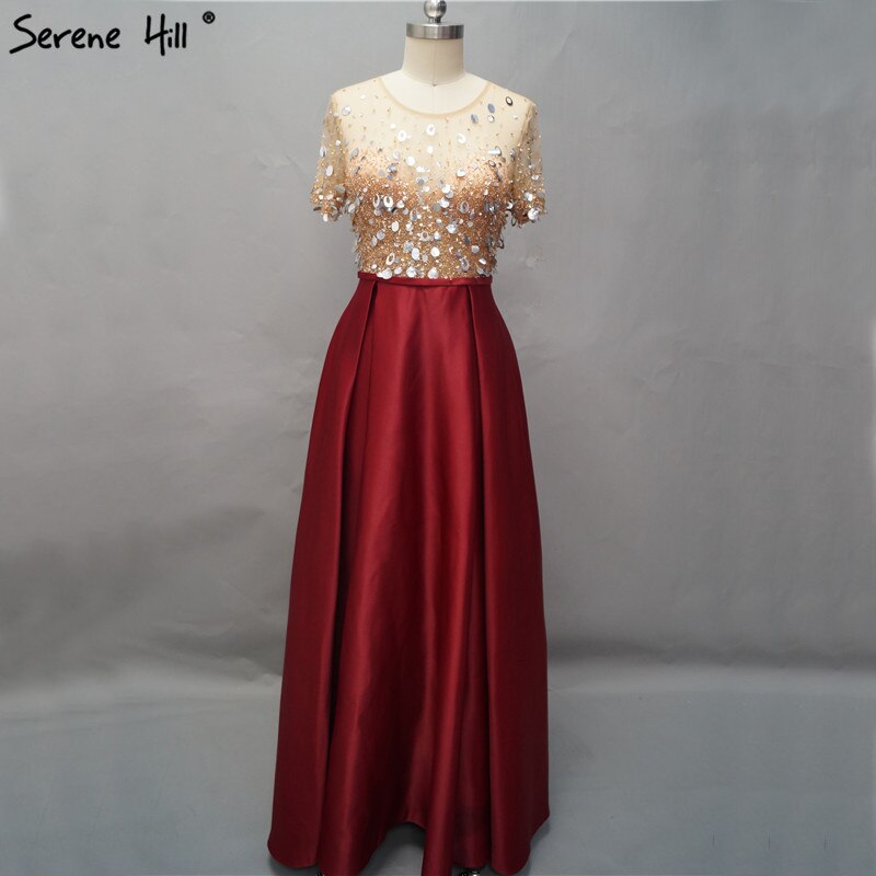 On Sale No Return No Refund Dubai Wine Red Short Sleeves Evening Dresses Design 2025 Satin Sequined Beading Beach Evening Gowns Serene Hill LA60740 - SERENE HILL