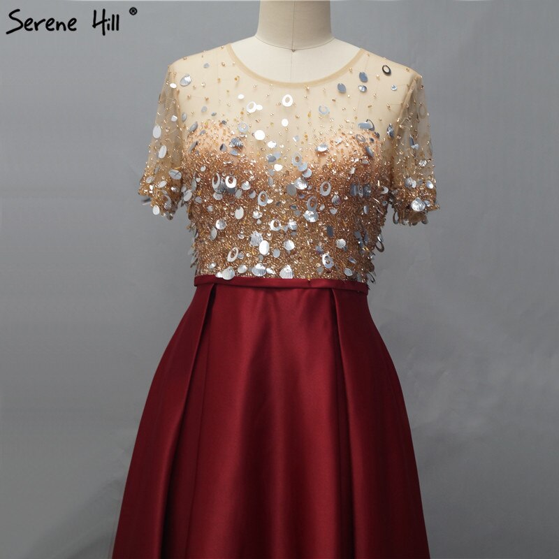 On Sale No Return No Refund Dubai Wine Red Short Sleeves Evening Dresses Design 2025 Satin Sequined Beading Beach Evening Gowns Serene Hill LA60740 - SERENE HILL