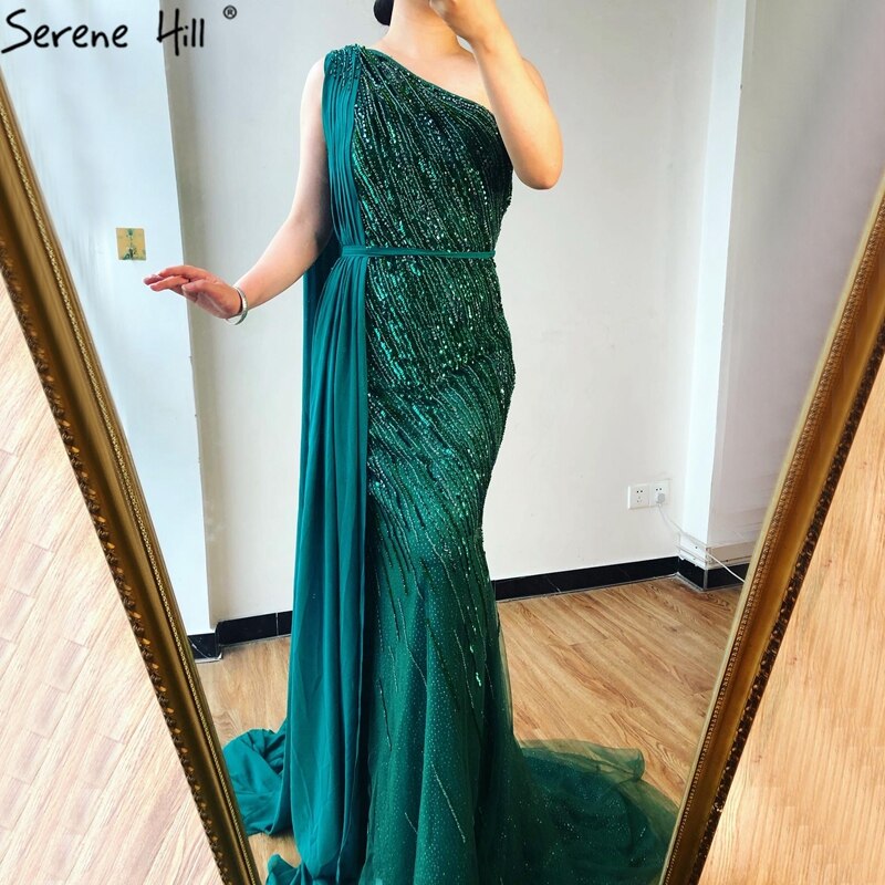 Dubai green One Shoulder Luxury Evening Dresses Mermaid Beading Suiqns Sparkle Formal Dress 2025 Serene Hill LA70515 - SERENE HILL