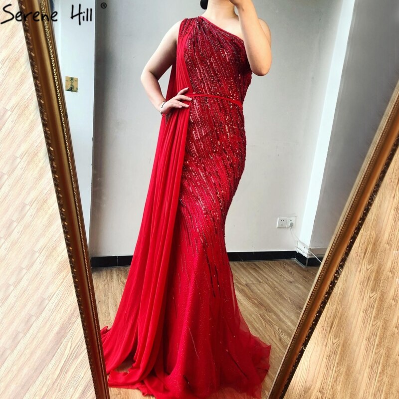 Dubai green One Shoulder Luxury Evening Dresses Mermaid Beading Suiqns Sparkle Formal Dress 2025 Serene Hill LA70515 - SERENE HILL