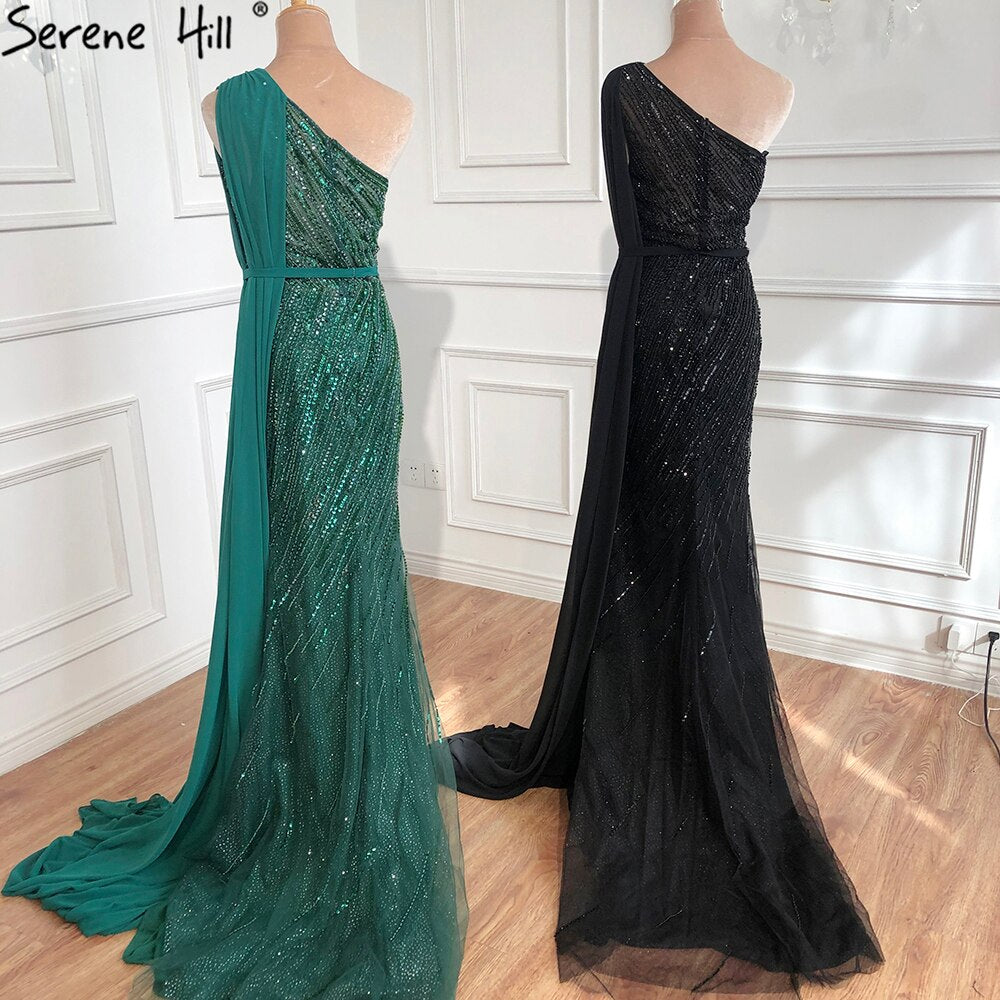 Dubai green One Shoulder Luxury Evening Dresses Mermaid Beading Suiqns Sparkle Formal Dress 2025 Serene Hill LA70515 - SERENE HILL