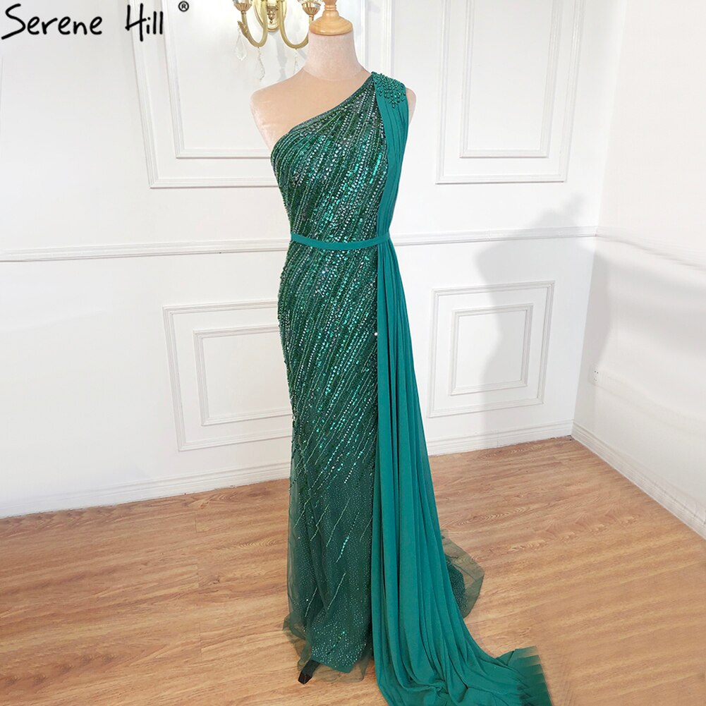 Dubai green One Shoulder Luxury Evening Dresses Mermaid Beading Suiqns Sparkle Formal Dress 2025 Serene Hill LA70515 - SERENE HILL