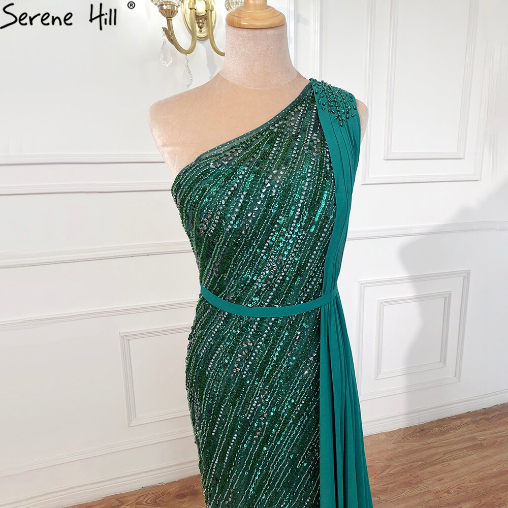 Dubai green One Shoulder Luxury Evening Dresses Mermaid Beading Suiqns Sparkle Formal Dress 2025 Serene Hill LA70515 - SERENE HILL