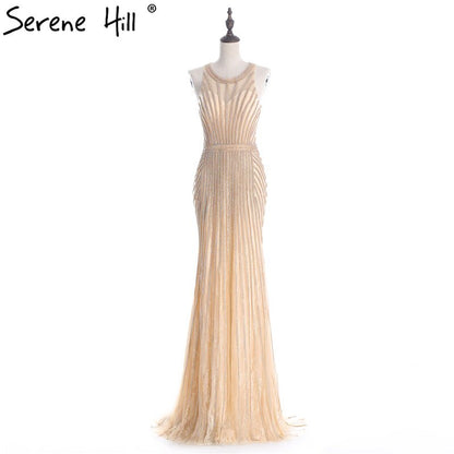 On Sale no return no refundSale Fashion Halter Gold Evening Party Dress Real Photos Nude Tulle Diamond Party Occasion 2025 Formal Long Evening Dress LA6008 - SERENE HILL