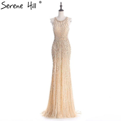 On Sale no return no refundSale Fashion Halter Gold Evening Party Dress Real Photos Nude Tulle Diamond Party Occasion 2025 Formal Long Evening Dress LA6008 - SERENE HILL