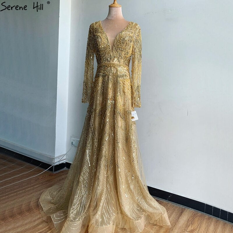 On Sale no return no refund Gold A-Line V-Neck Luxury Sexy Evening Dresses 2025 Pearls Crystal Long Sleeves Fromal Gown Serene Hill LA70287L - SERENE HILL
