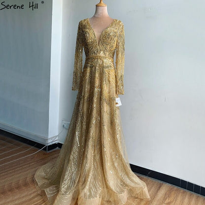 On Sale no return no refund Gold A-Line V-Neck Luxury Sexy Evening Dresses 2025 Pearls Crystal Long Sleeves Fromal Gown Serene Hill LA70287L - SERENE HILL