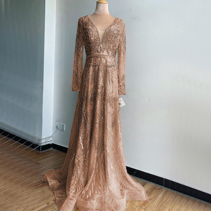 On Sale no return no refund Gold A-Line V-Neck Luxury Sexy Evening Dresses 2025 Pearls Crystal Long Sleeves Fromal Gown Serene Hill LA70287L - SERENE HILL
