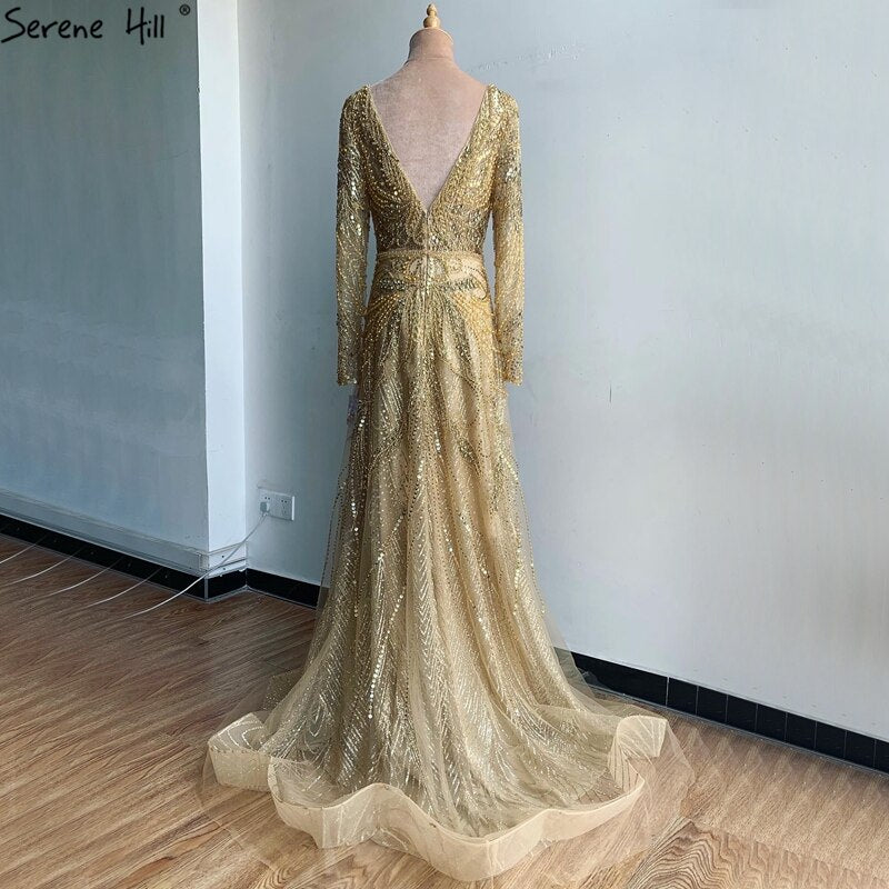 On Sale no return no refund Gold A-Line V-Neck Luxury Sexy Evening Dresses 2025 Pearls Crystal Long Sleeves Fromal Gown Serene Hill LA70287L - SERENE HILL