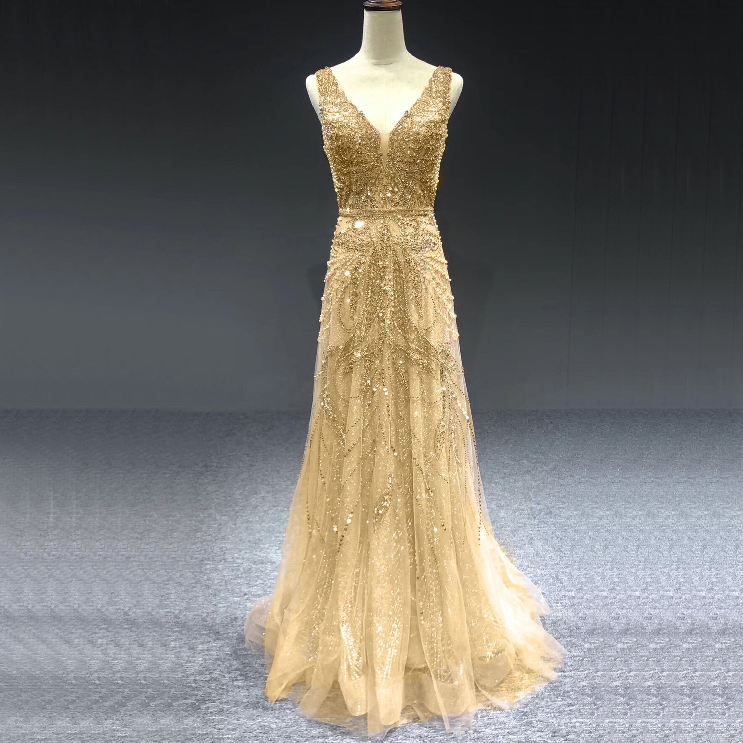 On Sale no return no refund Gold A-Line V-Neck Luxury Sexy Evening Dresses 2025 Pearls Crystal Long Sleeves Fromal Gown Serene Hill LA70287L - SERENE HILL