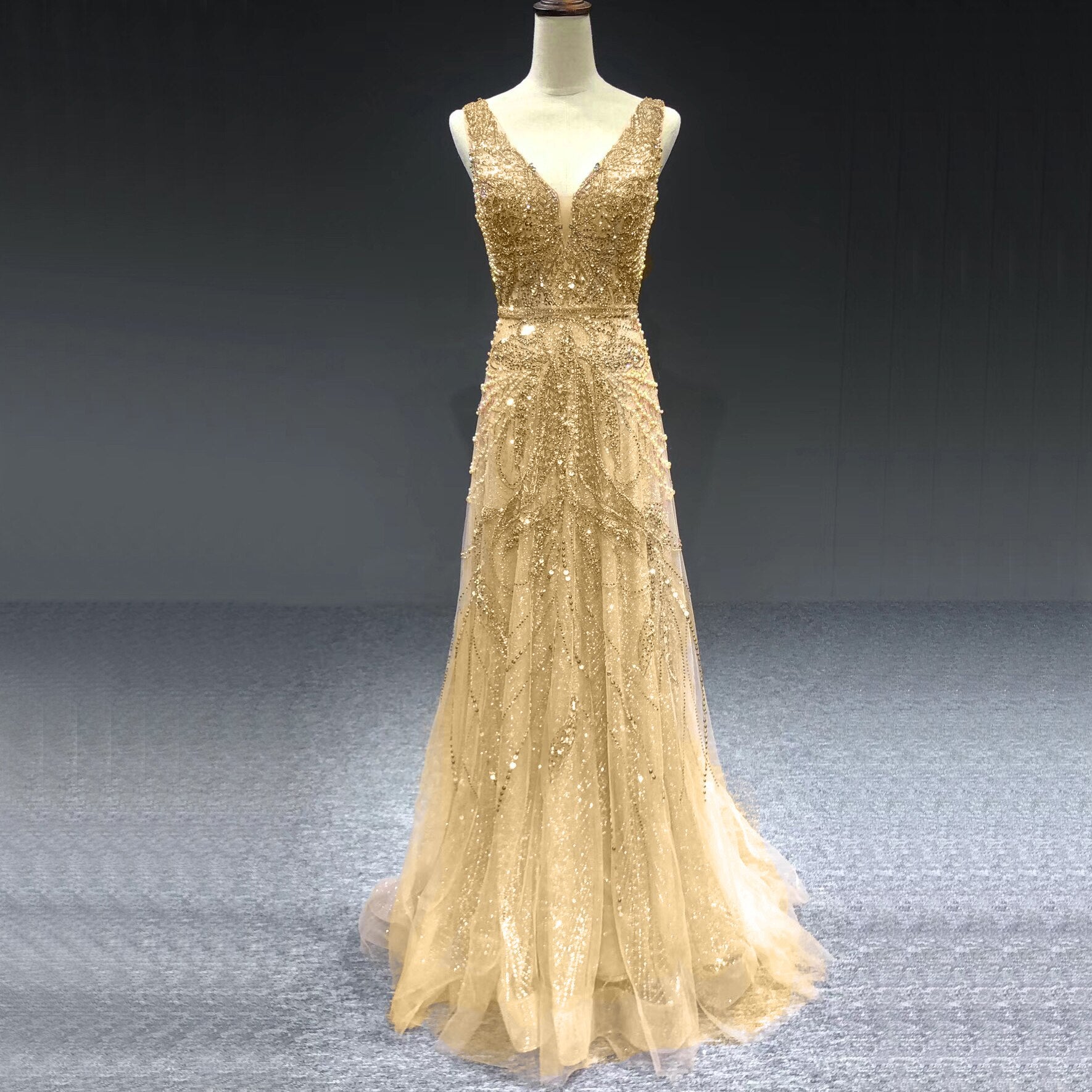 On Sale no return no refund Gold A-Line V-Neck Luxury Sexy Evening Dresses 2025 Pearls Crystal Long Sleeves Fromal Gown Serene Hill LA70287L - SERENE HILL